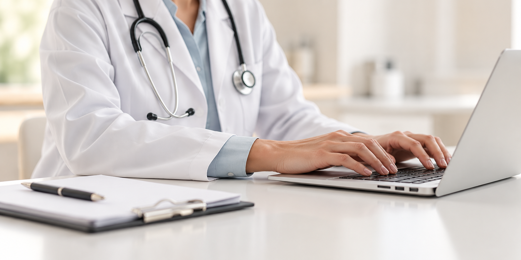 Illustrative clinic workspace with a healthcare professional using a laptop